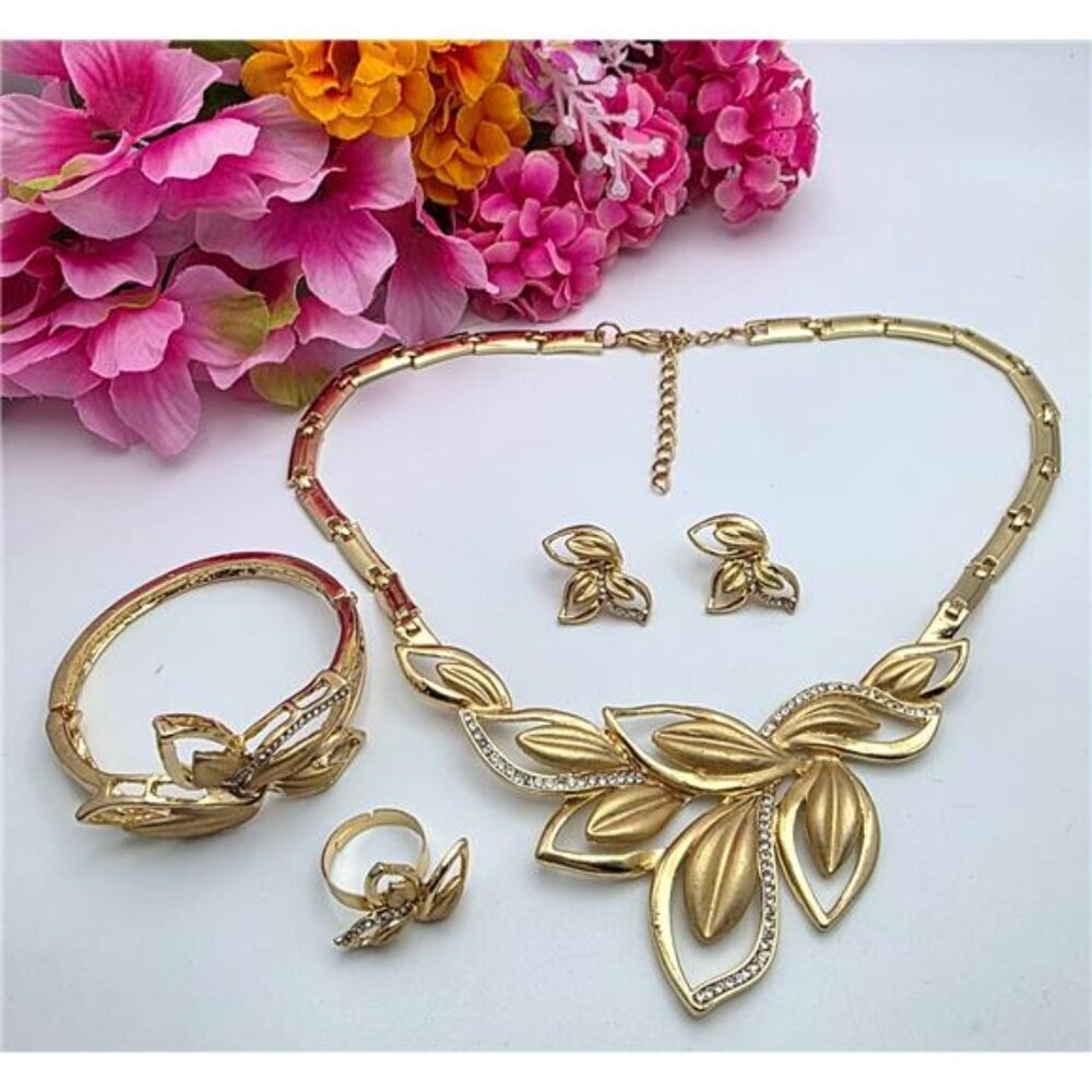 Matte Gold Tone Crystal Floral Bib Necklace Bangle Earrings Ring Set